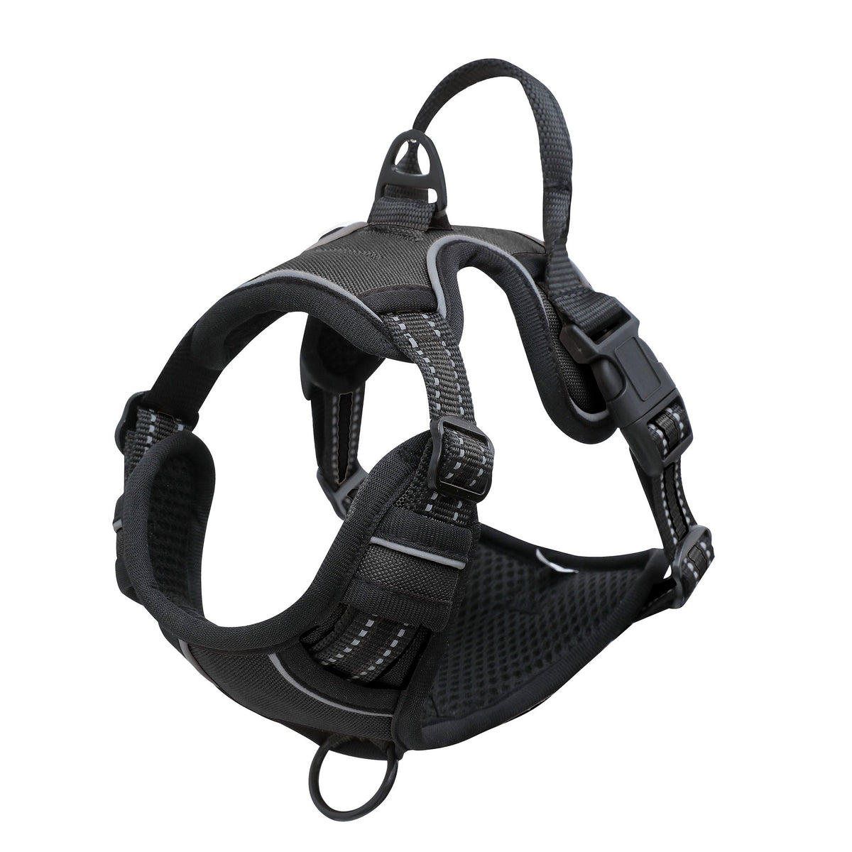 Arnés Antitirones Huella Serena™ negro – vista lateral con asa y clip frontal