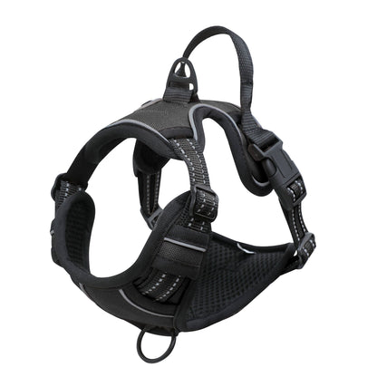 Arnés Antitirones Huella Serena™ negro – vista lateral con asa y clip frontal